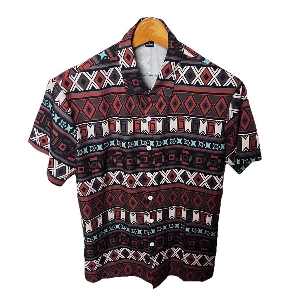 Manfinity Men's Short Sleeve Button-Up Shirt Geometric Print Brown Rust Black M